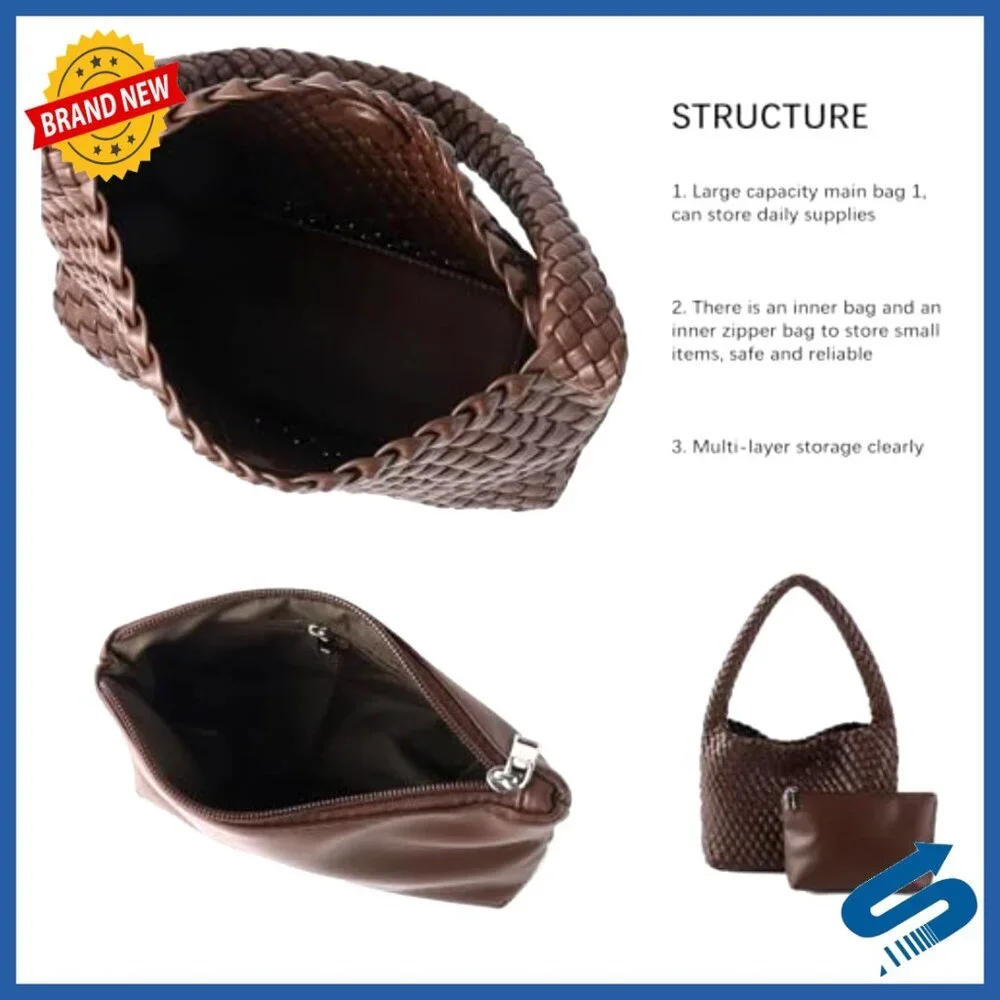Handmade Woven Vegan Leather Shoulder Tote Bag Elegant Chic Casual